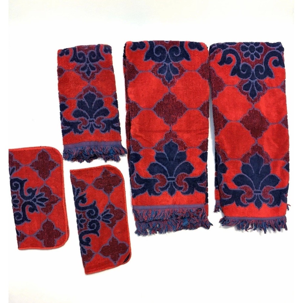 Fashion Manor 5pc Vtg Bath Towel/Washcloth/HandTowel Set/BlueRed/60s-70's/Fringe